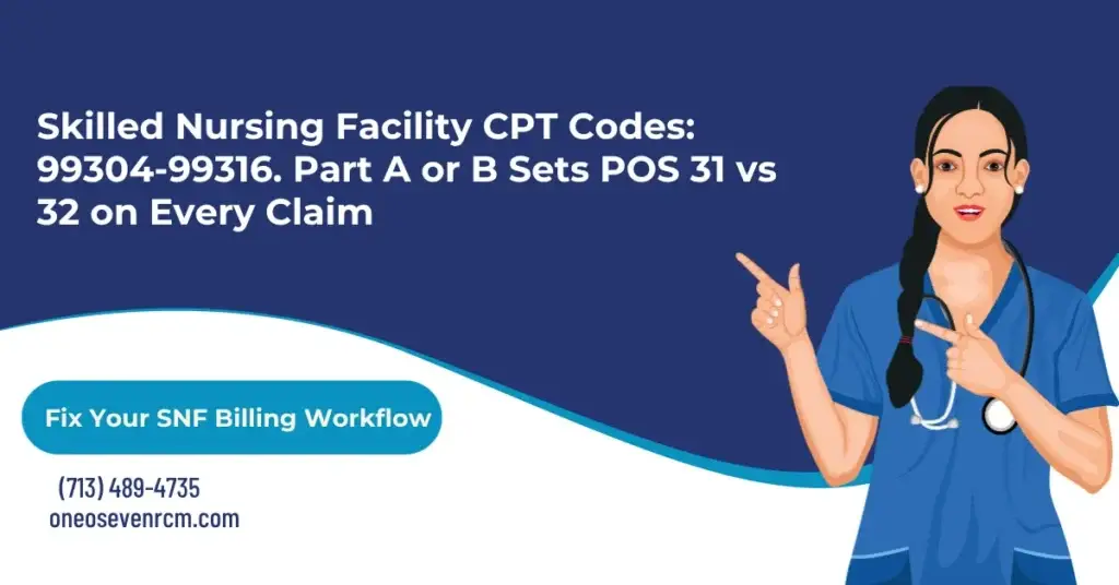 Skilled nursing facility CPT codes 2026 hero banner: 99304-99306 initial and 99307-99310 subsequent care, MDM-based code selection, POS 31 versus POS 32 by Part A or Part B status, deleted code 99318, and CARC denial recovery for AR teams.