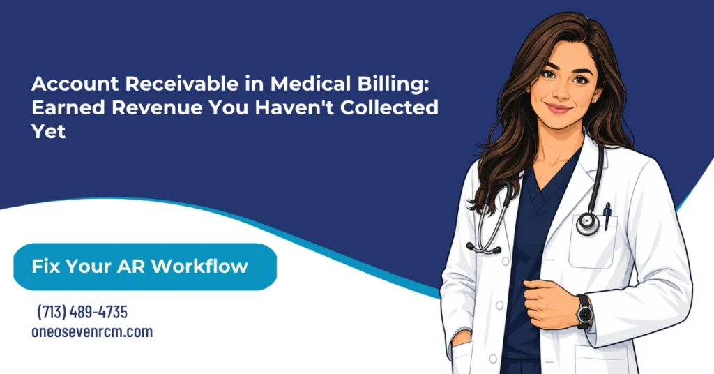 Account receivable in medical billing 2026 guide hero banner: AR as earned but uncollected revenue from payers and patients, Days in AR calculation and 30-to-40-day benchmark, aging bucket prioritization by timely-filing risk and balance value, denial versus rejection distinction, underpayment detection from ERA reconciliation, and the five-step prevent-detect-prioritize-resolve-measure AR improvement framework, from One O Seven RCM.