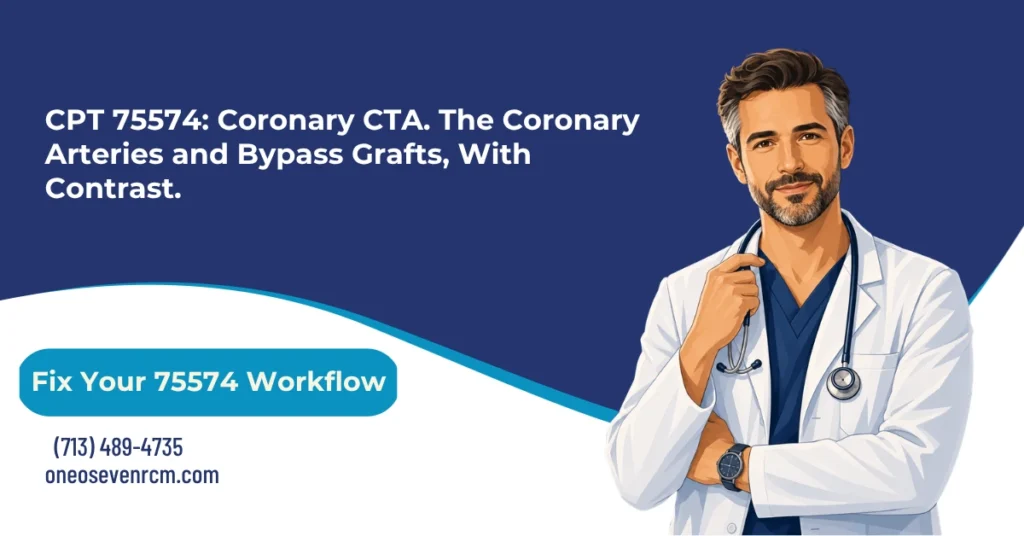 CPT 75574 coronary CTA billing 2026 hero banner: coronary arteries and bypass grafts with contrast and 3D postprocessing included, 75572 non-coronary structural CT versus 75574 coronary-specific, 75571 calcium score bundled when performed same session, Modifier 26 for interpretation-only and TC for technical-only, and active CMS RAC nationwide outpatient hospital review approved August 2025, from One O Seven RCM.