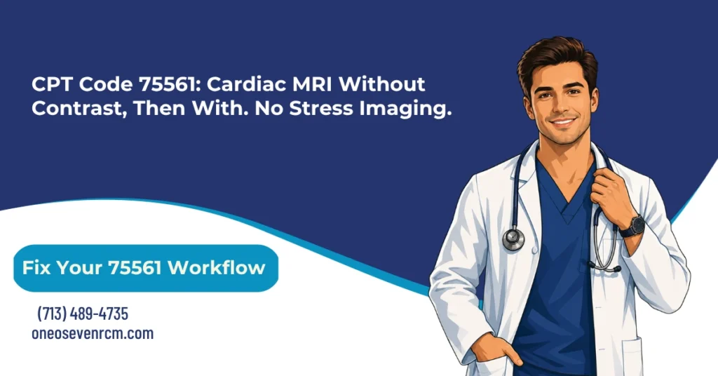 CPT code 75561 cardiac MRI billing 2026 hero banner: without contrast followed by contrast and further sequences, 75557 noncontrast versus 75563 with stress, 75565 velocity flow mapping add-on at up to four units per day, Modifier 26 and TC component split, and authorization-to-protocol mismatch denials, from One O Seven RCM.