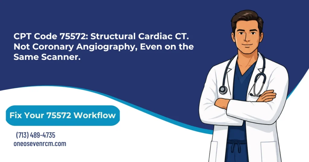 CPT code 75572 structural cardiac CT billing 2026 hero banner: contrast-enhanced heart structure and morphology with 3D postprocessing included, 75574 coronary CTA comparison, pulmonary-vein mapping before AFib ablation, APC 5572 hospital outpatient reassignment, and Modifier 26 versus TC component split, from One O Seven RCM.