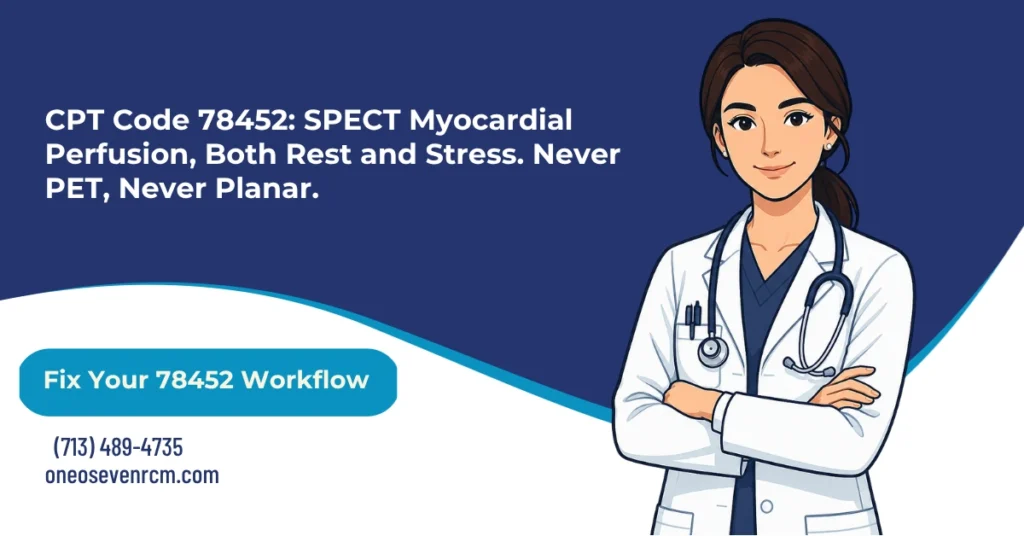 CPT code 78452 nuclear stress test billing 2026 hero banner: SPECT multiple-study rest-and-stress protocol versus 78451 single phase, 78453 and 78454 for planar not SPECT, 78491 and 78492 for PET not 78452, MAC-specific LCD coverage under NGS A56743 and Novitas, Lexiscan J2785 and Cardiolite A9500 billed separately, and nuclear medicine certification required for the interpreting physician, from One O Seven RCM.