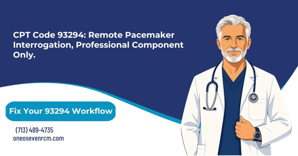 CPT 93294 remote pacemaker interrogation billing 2026 hero banner: professional component only for single, dual, multiple-lead, and leadless pacemaker systems, 30-day minimum and 90-day reporting limit under Novitas A56602, the 360-day rolling window arithmetic trap, 93296 technical component pairing, and NCD 20.8.1 physician-order requirement for third-party monitoring, from One O Seven RCM.