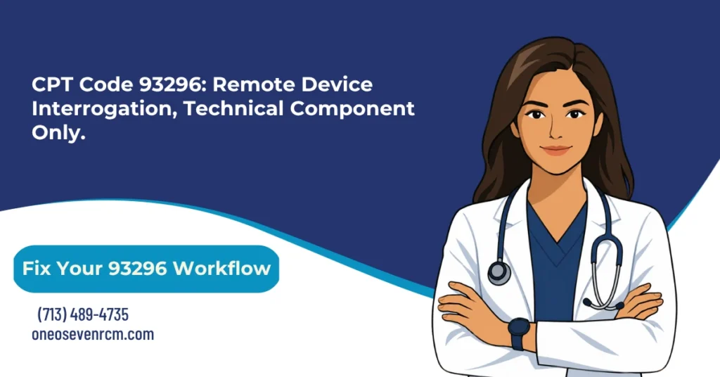 CPT 93296 remote device interrogation billing 2026 hero banner: technical component only for pacemaker, leadless pacemaker, and ICD systems, 93294 and 93295 for professional interpretation, one claim per 90-day period regardless of transmission count, 30-day minimum period, and billing entity ownership rules for practice, hospital, or IDTF, from One O Seven RCM.