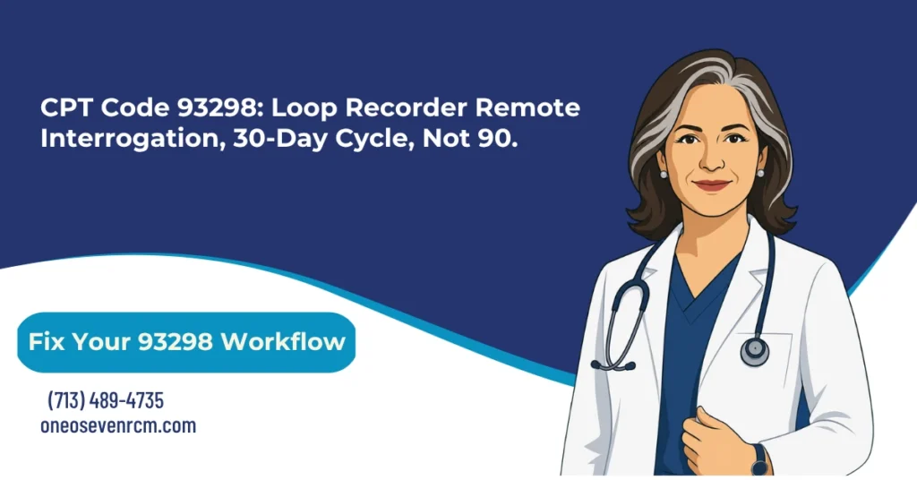 CPT 93298 loop recorder remote interrogation billing 2026 hero banner: subcutaneous cardiac rhythm monitor over a 30-day period with a 10-day floor, 93297 physiologic monitor versus 93298 rhythm monitor distinction, G2066 deleted January 2024, modifier 26 and TC component split, and the August 2025 Indiana Medicaid modifier 26 claims correction, from One O Seven RCM.
