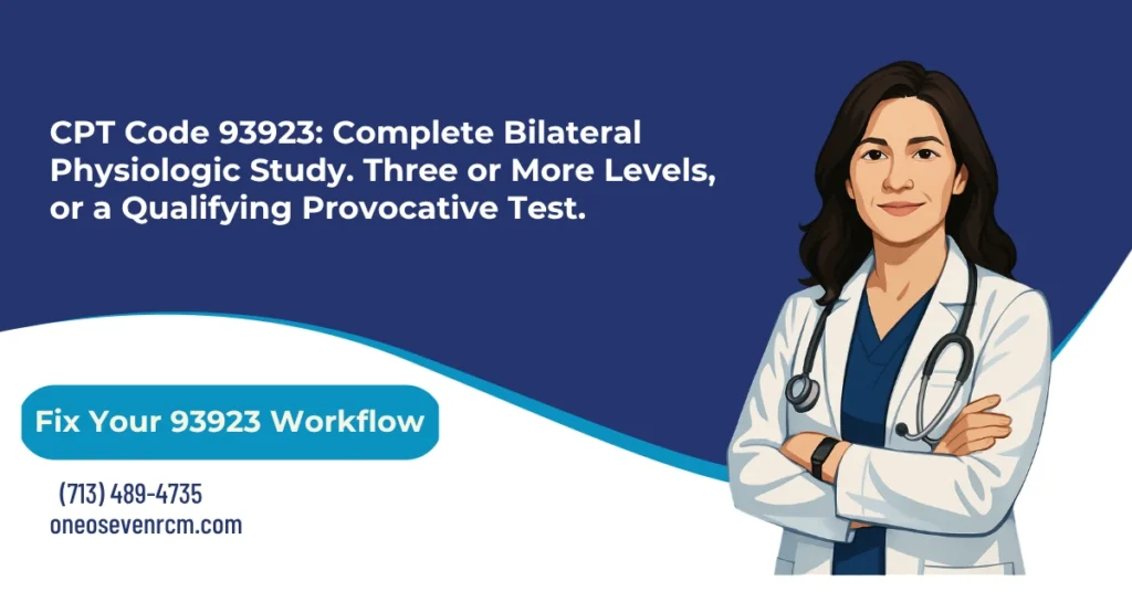 CPT code 93923 complete bilateral physiologic arterial study billing 2026 hero banner: three or more tested levels or a qualifying provocative maneuver required, 93922 for limited one-to-two-level studies, ABI as one component not the whole service, no automatic Modifier 50 since bilateral is built into the descriptor, and NCCI edits with same-day duplex imaging codes 93925 and 93926, from One O Seven RCM.