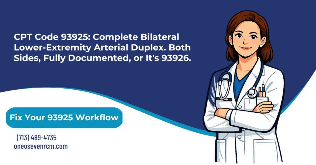 CPT code 93925 lower-extremity arterial duplex billing 2026 hero banner: complete bilateral study versus 93926 unilateral or limited, B-mode plus color-flow and spectral Doppler components required, ABI not included in the duplex code, Modifier 26 for interpretation-only and TC for technical-only, and same-day NCCI edits with physiologic testing codes 93922-93924, from One O Seven RCM.