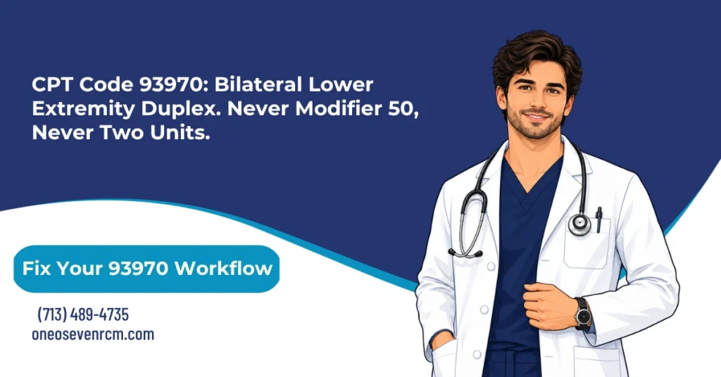 CPT code 93970 bilateral lower extremity duplex billing 2026 hero banner: complete bilateral venous study versus 93971 unilateral, prohibited Modifier 50 and laterality modifiers on 93970, NCCI bundling with 93971 on same claim, LCD-required ICD-10 pairings for DVT and venous insufficiency, and Modifier 26 for interpretation-only versus TC for acquisition, from One O Seven RCM.