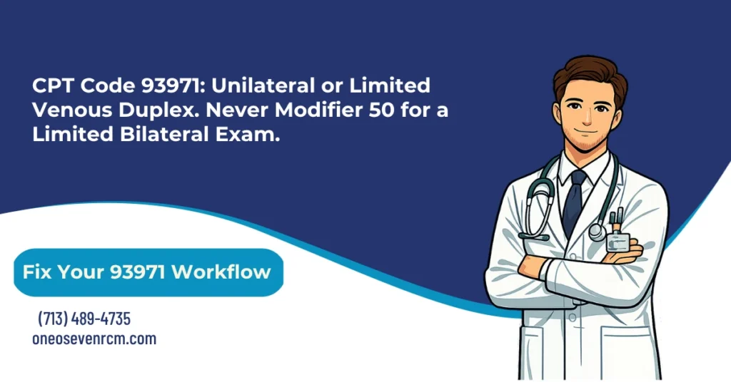 CPT code 93971 unilateral or limited venous duplex billing 2026 hero banner: complete unilateral or limited bilateral study versus 93970 complete bilateral, prohibited Modifier 50 for a limited bilateral exam, Modifier 26 for interpretation-only and TC for technical-only, LCD-required ICD-10 pairings for DVT and venous insufficiency, and same-day NCCI edits with 93970 and 76536, from One O Seven RCM.