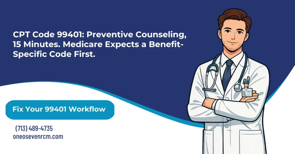CPT code 99401 preventive counseling billing 2026 hero banner: 15-minute individual risk-factor counseling with 8-minute midpoint threshold, Medicare benefit-specific code paths G0447 for obesity and G0443 for alcohol over general 99401, time and behavior-change plan documentation required, Modifier 25 on the E/M not on 99401, and bundling risk when billed with annual preventive visit codes, from One O Seven RCM.