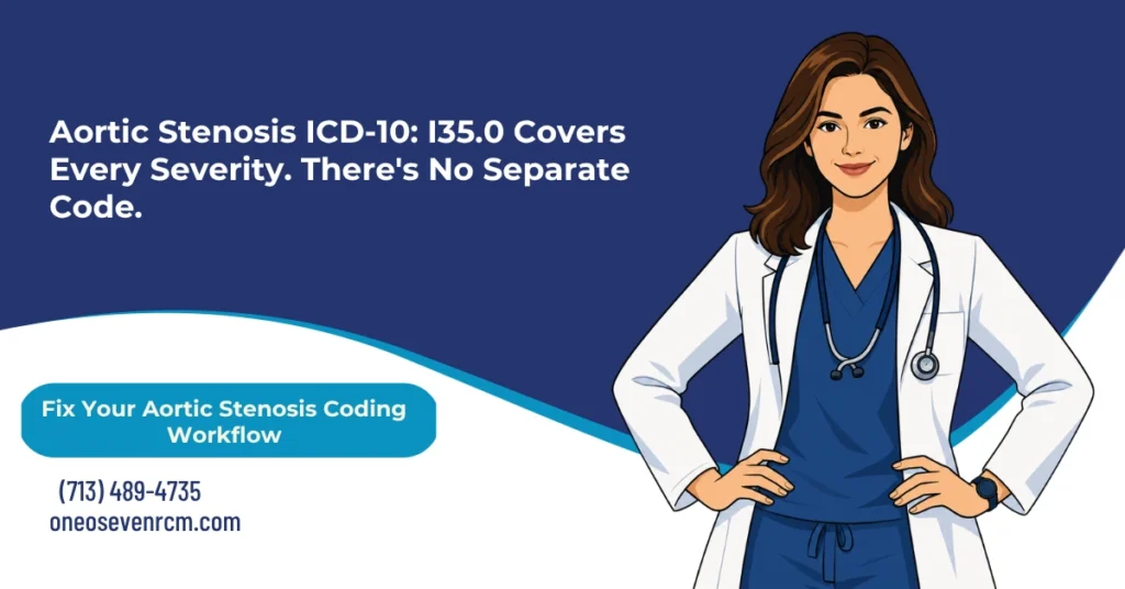 Aortic stenosis ICD-10 2026 hero banner: I35.0 nonrheumatic aortic stenosis at every severity, I06.0 for rheumatic origin, I35.2 combined stenosis and insufficiency, Q23.81 bicuspid valve add-on, three post-TAVR status codes Z95.2, Z95.3, and Z95.4, and the pending September 2026 CMS TAVR coverage decision, from One O Seven RCM.