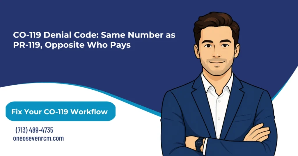 CO-119 denial code 2026 hero banner: benefit maximum reached under CARC 119, CO group code provider write-off versus PR-119 patient balance, the 2026 KX modifier threshold at $2,480, N362 and N435 remark code pairings, and the five-branch decision path from dispute to write-off, from One O Seven RCM.