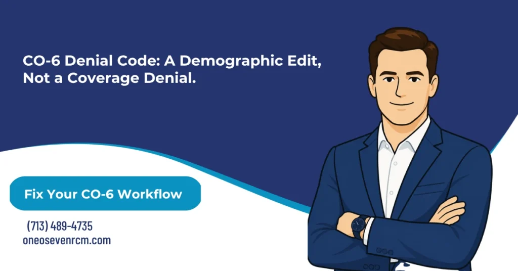 CO-6 denial code 2026 hero banner: procedure or revenue code inconsistent with patient age, CO group code assigning liability to the provider not the patient, RARC M37 and N30 pairings, CO-6 versus CO-7 versus CO-9 demographic edit family, and the corrected claim versus appeal decision path, from One O Seven RCM.