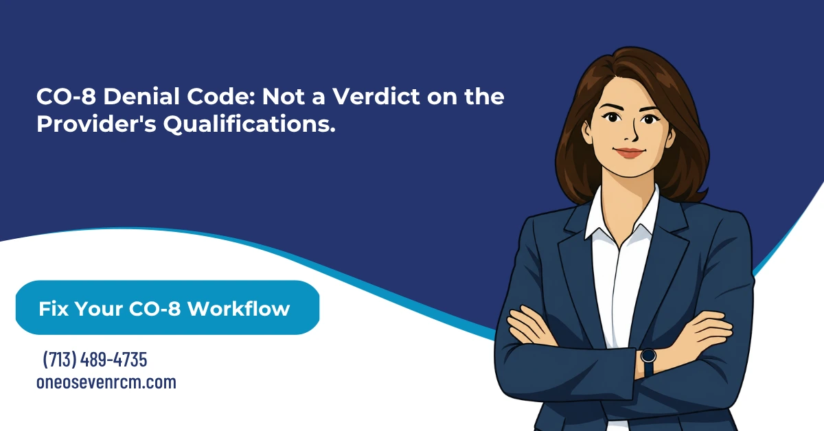 CO-8 denial code 2026 hero banner: procedure code inconsistent with provider type or specialty taxonomy, NUCC's self-selected taxonomy code correction, group code CO provider write-off, the three-record mismatch between claim, NPPES, and payer enrollment file, and the corrected claim versus enrollment correction versus appeal decision path, from One O Seven RCM.