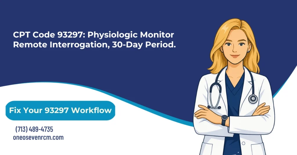 CPT 93297 physiologic monitor remote interrogation billing 2026 hero banner: implantable cardiovascular physiologic monitor over a 30-day period with a 10-day floor, physiologic data from a defibrillator still routing here instead of the ICD family, G2066 deleted January 2024, global versus modifier 26/TC component billing, and the 93298 rhythm-monitor sibling code distinction, from One O Seven RCM.