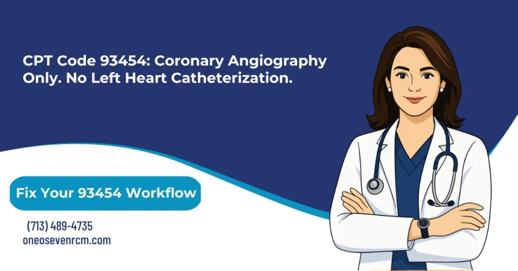 CPT 93454 coronary angiography billing 2026 hero banner: native coronary angiography without left heart catheterization, billed once per catheterization not per vessel, 93458 crosswalk when a chamber study is documented, FFR and IVUS add-on codes available on diagnostic-only studies, and same-day PCI bundling under CMS articles A52850 and A57479, from One O Seven RCM.