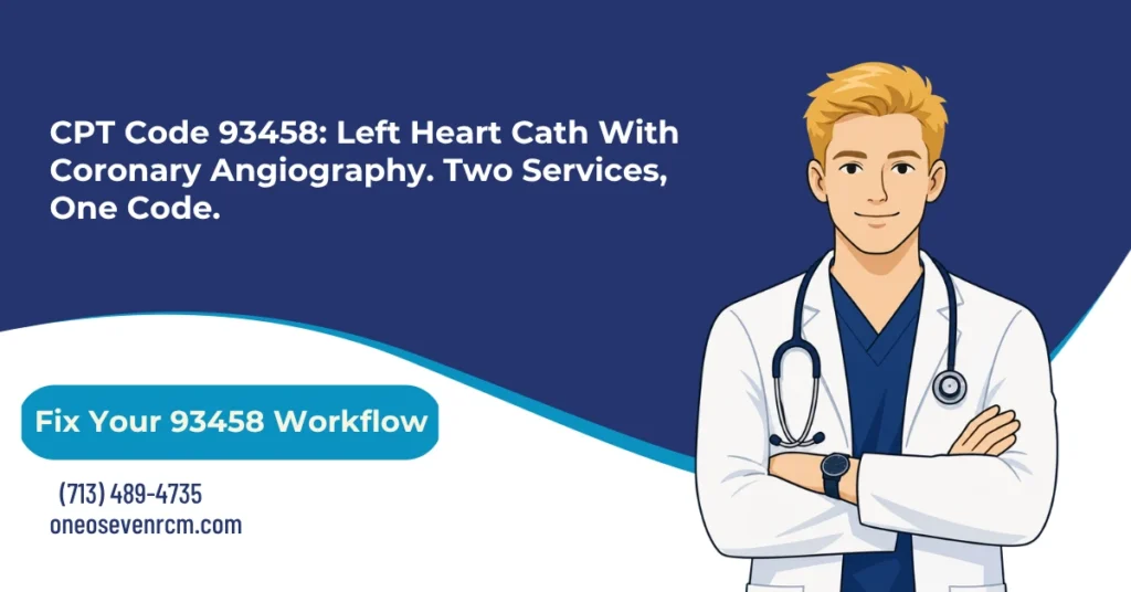 CPT 93458 left heart catheterization billing 2026 hero banner: coronary angiography plus left heart cath in one code, left ventriculography included when performed but not required, the 11-code 93451-93461 family selection grid, same-day PCI bundling with modifier 59 and the six-month prior-study rule, and 2026 dual Medicare conversion factors, from One O Seven RCM.