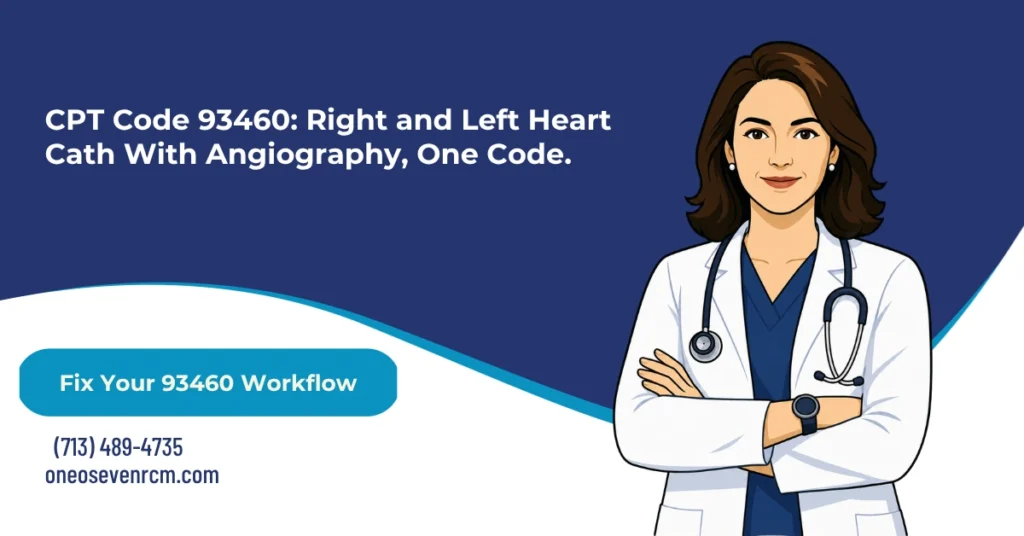 CPT 93460 combined heart catheterization billing 2026 hero banner: right heart cath, left heart cath, and coronary angiography in one code, LV ventriculography included when performed but not required, the LCD's seldom-necessary default for combining both sides, 93458 and 93461 crosswalk comparison, and modifier 26/TC component split by setting, from One O Seven RCM.