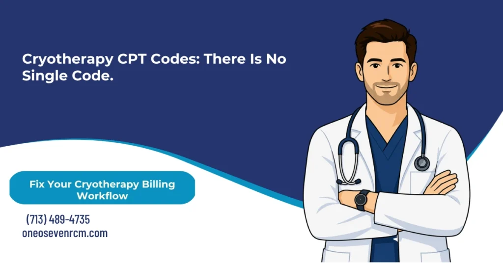 Cryotherapy CPT codes 2026 hero banner: premalignant lesion codes 17000-17004 billed per lesion, benign lesion codes 17110-17111 billed per session, skin tag codes 11200-11201, acne code 17340, PT modality 97010, cryoneurolysis 0440T-0442T, and body-site codes for gynecologic, ophthalmic, and pulmonary cryotherapy, from One O Seven RCM.