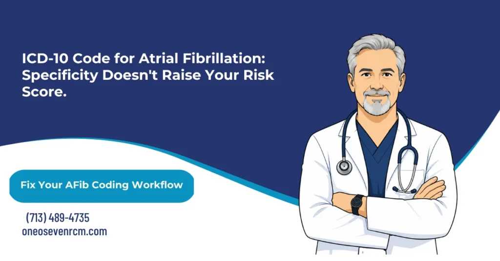 ICD-10 code for atrial fibrillation 2026 hero banner: I48.91 unspecified versus I48.0 paroxysmal, I48.11 longstanding persistent, I48.19 persistent, I48.20 chronic, and I48.21 permanent, all six codes mapping to the same HCC 238 risk category, no ICD-10 code existing for AFib with RVR, and CC status applying only when AFib is a comorbidity, from One O Seven RCM.