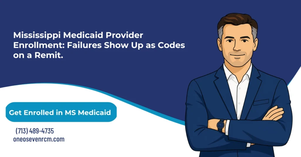 Mississippi Medicaid provider enrollment 2026 hero banner: MESA portal enrollment through Provider Enrollment Access, the March 1 claim suspension codes 2080 through 2089, Magnolia MSCAN registration denial codes, the 12-month inactivity disenrollment rule, and separate DOM enrollment versus CCO contracting with Magnolia, Molina, and TrueCare, from One O Seven RCM.