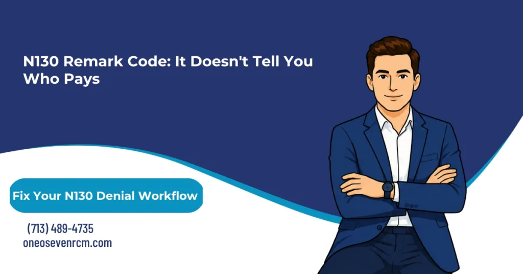 N130 remark code 2026 hero banner: consult plan benefit documents restriction notice, six CARC pairings from 204 to 119, CO versus PR group code liability split, N130 versus MA130 unprocessable claim distinction, and the seven-step denial resolution sequence, from One O Seven RCM.