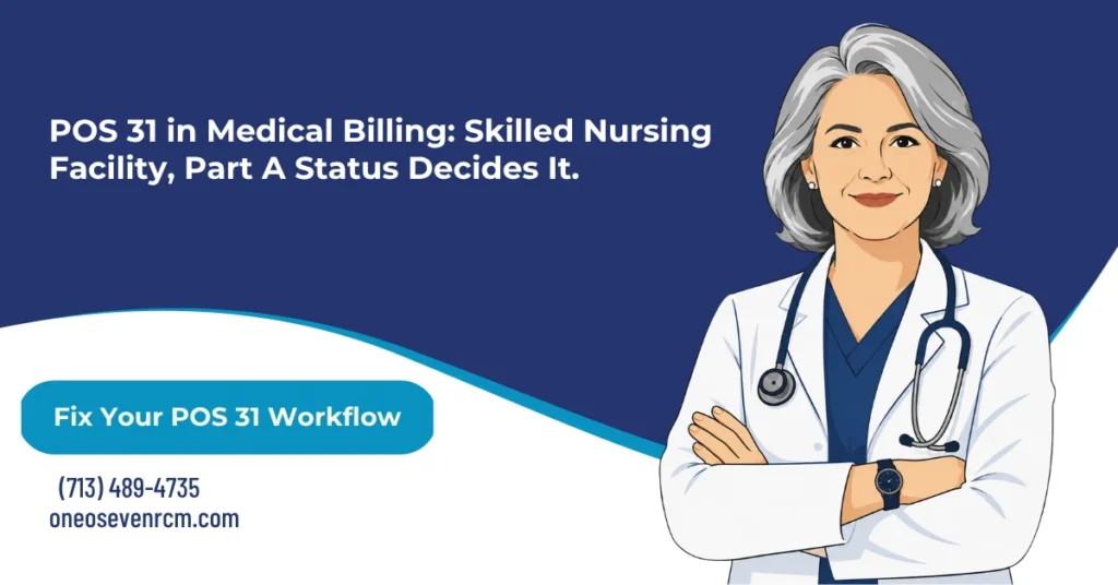 POS 31 in medical billing 2026 hero banner: skilled nursing facility coded by active Medicare Part A status not care type, POS 32 paying more than POS 31 under the CY2026 practice expense split, CARC 58 rejections under the July 2025 CR 13767 system edit, SNF consolidated billing carve-outs, and the mixed-facility POS 31 default presumption, from One O Seven RCM.