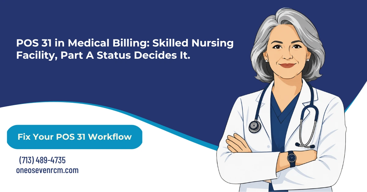 POS 31 in medical billing 2026 hero banner: skilled nursing facility coded by active Medicare Part A status not care type, POS 32 paying more than POS 31 under the CY2026 practice expense split, CARC 58 rejections under the July 2025 CR 13767 system edit, SNF consolidated billing carve-outs, and the mixed-facility POS 31 default presumption, from One O Seven RCM.