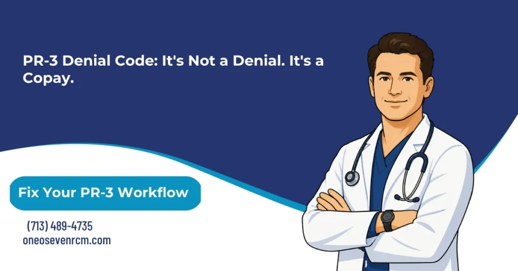 PR-3 denial code 2026 hero banner: CARC 3 copayment amount paired with group code PR, an adjustment not a denial with no appeal path, CO-3 as a payer mapping error instead of a write-off, secondary coverage sequencing before patient billing, and the QMB, preventive care, and out-of-pocket maximum exceptions, from One O Seven RCM.