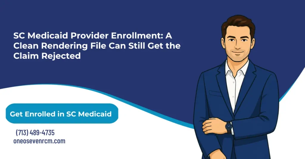 SC Medicaid provider enrollment 2026 hero banner: SCDHHS 30-business-day processing with 90-day retroactive backdating, the July 2026 ORP claim rejection edit requiring an individual ordering provider NPI, June 2026 revalidation frequency change, the Trading Partner Agreement reciprocity requirement, and all five Healthy Connections MCOs, from One O Seven RCM.