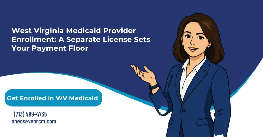 West Virginia Medicaid provider enrollment 2026 hero banner: PEAP portal enrollment requiring a case number first, the West Virginia Business License payment floor rule, HB 4335's five-business-day determination clock effective July 2026, high-risk two-year revalidation cycle, and the four Mountain Health Trust MCOs, from One O Seven RCM.