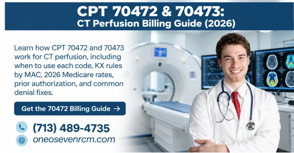 CPT codes 70472 and 70473 CT perfusion billing guide for 2026 featuring a radiology physician, CT scanner, brain imaging, Medicare reimbursement rates, KX modifier rules, prior authorization,