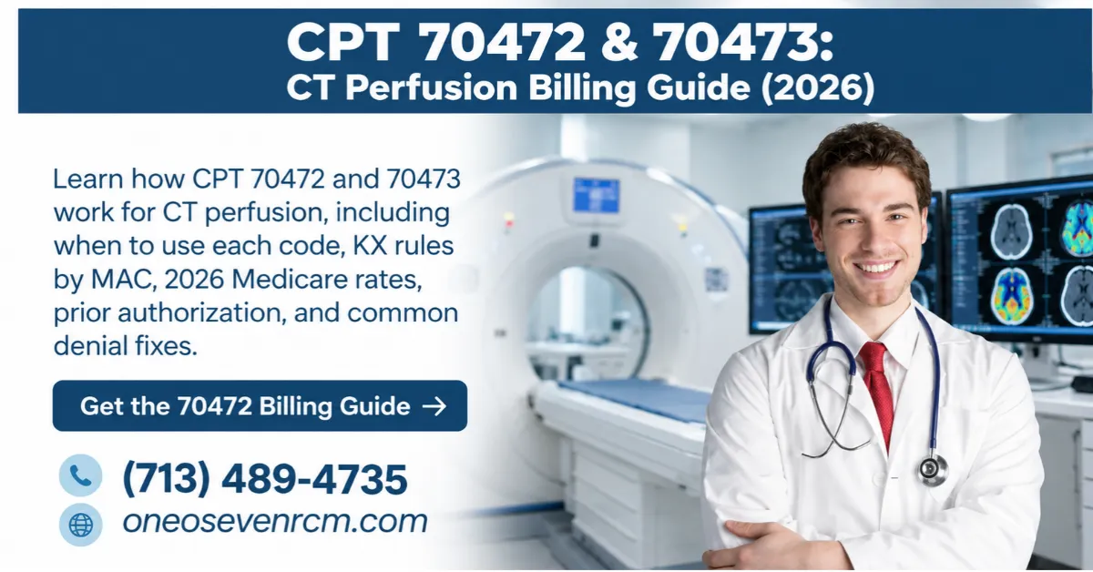 CPT codes 70472 and 70473 CT perfusion billing guide for 2026 featuring a radiology physician, CT scanner, brain imaging, Medicare reimbursement rates, KX modifier rules, prior authorization,