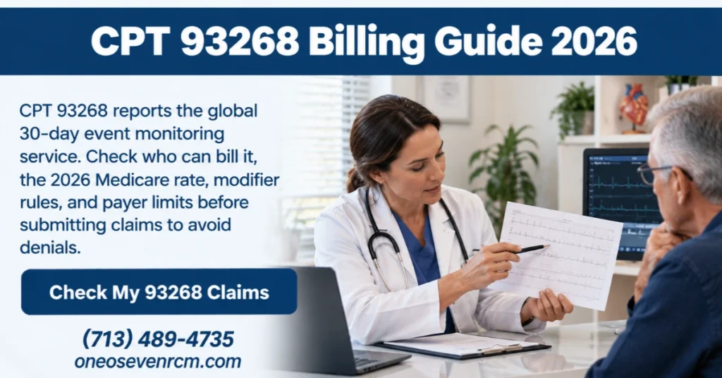 Female cardiologist reviewing ECG results with an older male patient for CPT 93268 global 30-day event monitoring billing guidance.