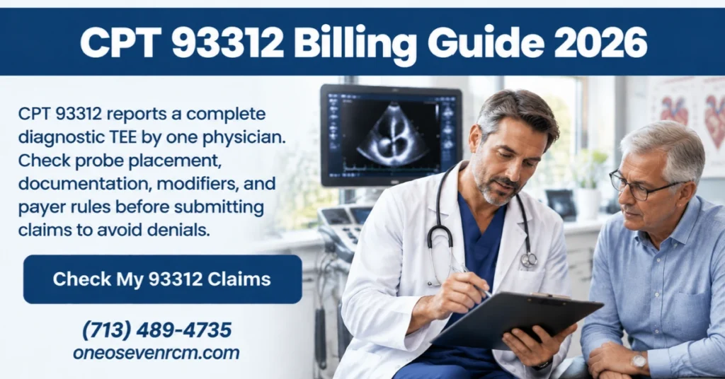 CPT 93312 billing guide 2026 featuring a physician reviewing transesophageal echocardiography documentation with patient to explain TEE claim requirements and denial prevention.
