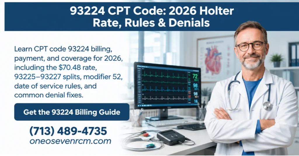 CPT code 93224 billing guide for 2026 featuring a cardiologist, ECG monitoring equipment, Holter monitor reimbursement rates, coding rules, and denial prevention.