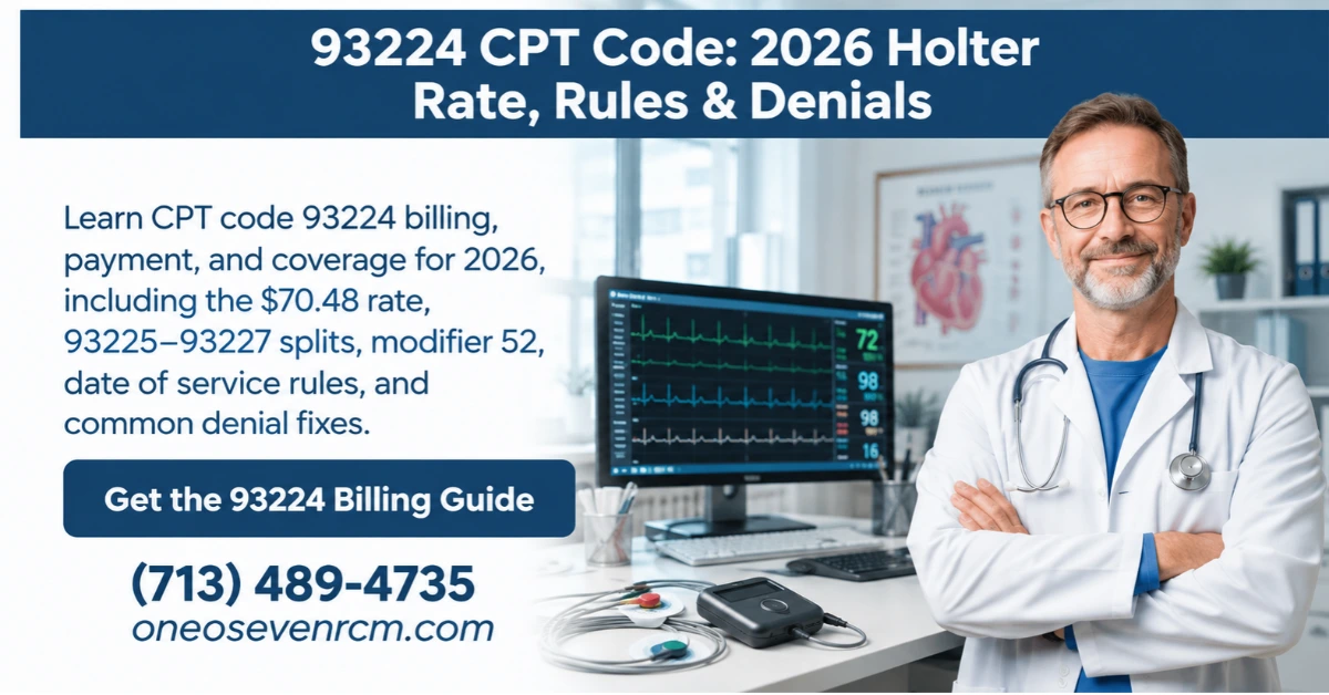 CPT code 93224 billing guide for 2026 featuring a cardiologist, ECG monitoring equipment, Holter monitor reimbursement rates, coding rules, and denial prevention.