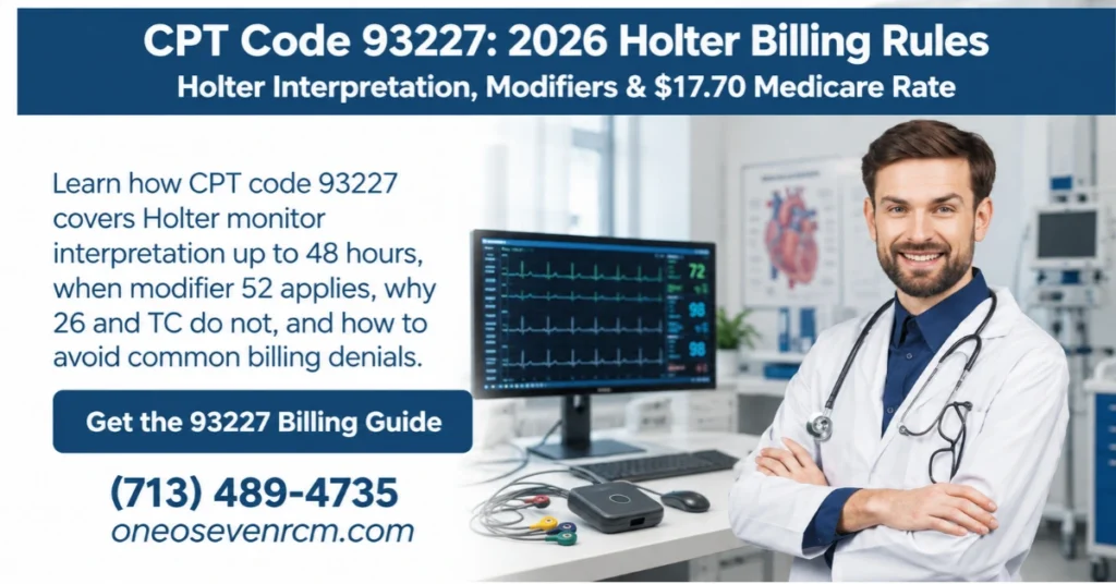 CPT code 93227 Holter monitor billing guide for 2026 featuring a cardiologist, ECG monitor, modifier 52 rules, Medicare reimbursement rates, and denial prevention by One O Seven RCM.