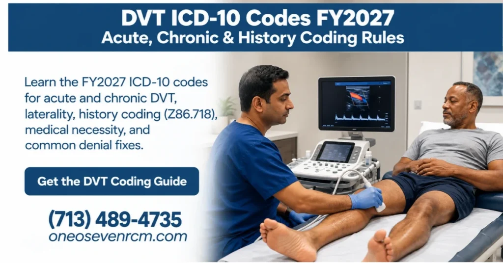 Healthcare professional performing a leg Doppler ultrasound for DVT diagnosis, highlighting FY2027 ICD-10 codes for acute and chronic deep vein thrombosis, laterality, history coding, and denial prevention.